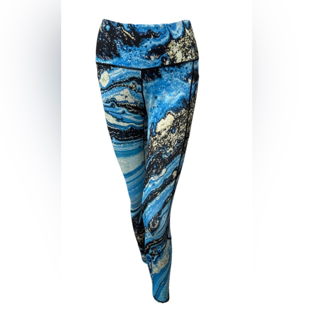 Feed Me Fight Me Leggings Women’s Medium Blue Marble Galaxy Print Activewear